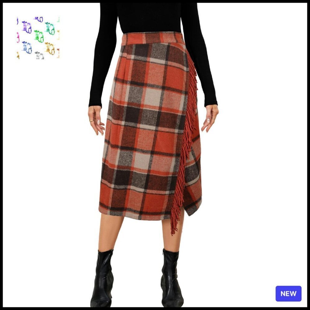 Wool Blend Wrap Midi Skirt Fringe Trim A-Line Fall Winter Tartan Plaid